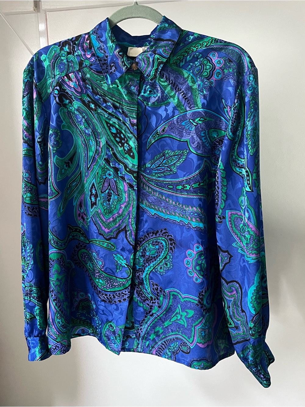 80s Vintage Blue and Teal Paisley Satin Flowy Blouse Size 12 Eclectic Bold Top